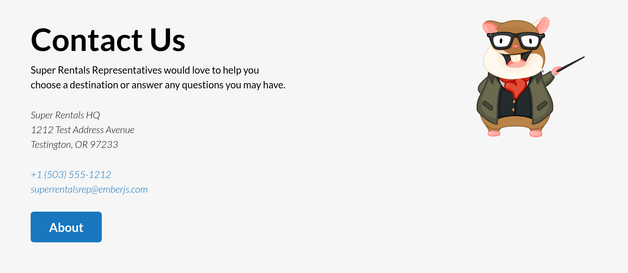 The Super Rentals app (contact page) by the end of the chapter