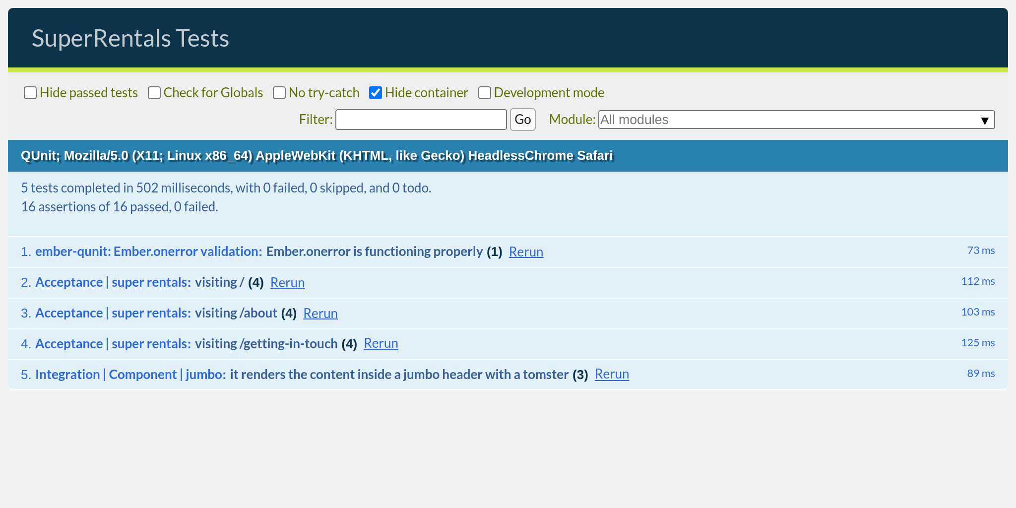 Tests still passing with our component test