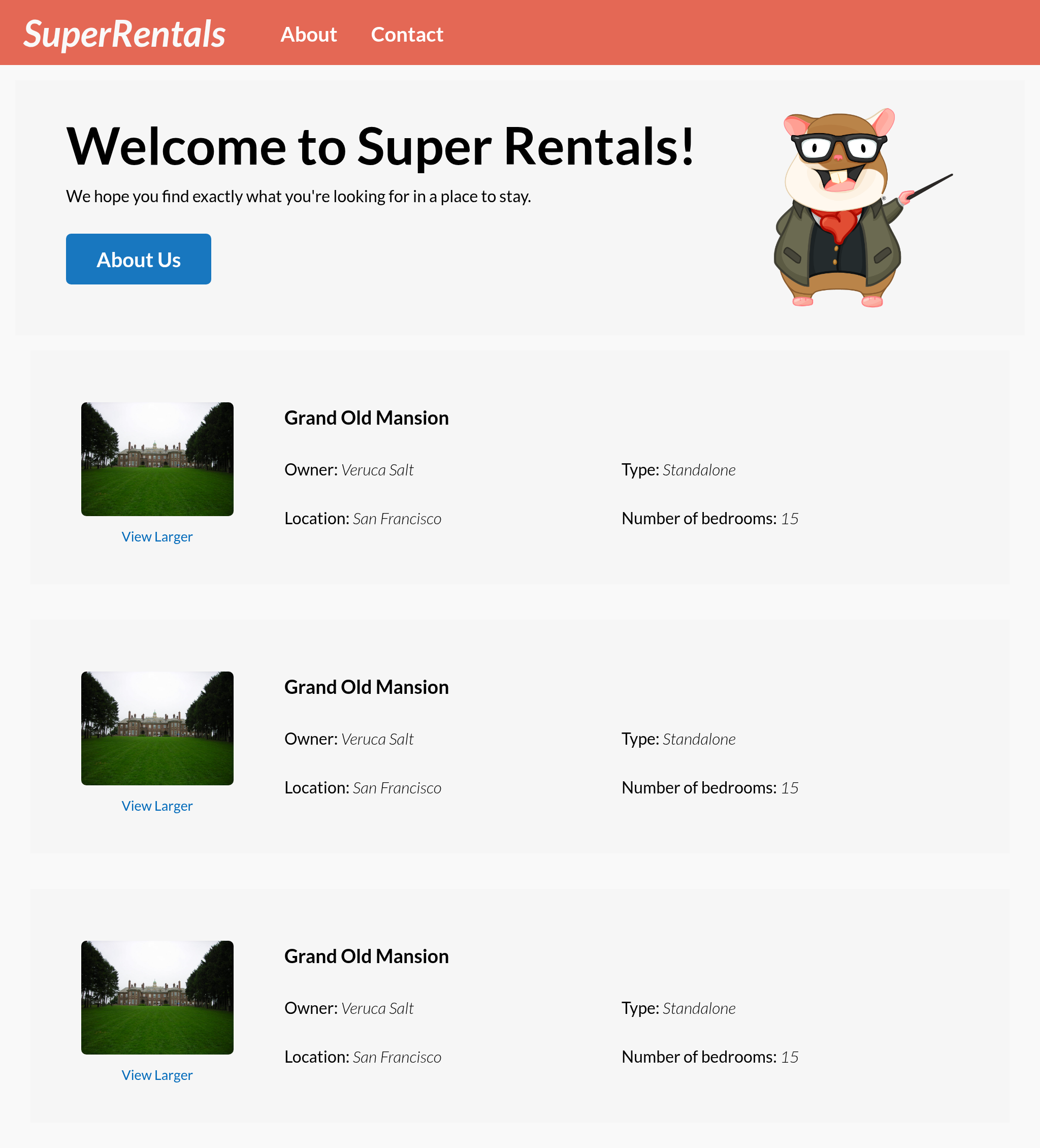 The Super Rentals app by the end of the chapter (default image size)
